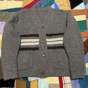 Vintage 70s Wool Mohair Striped Grandpa Cardigan Sweater Gray Fuzzy Knit Tagless